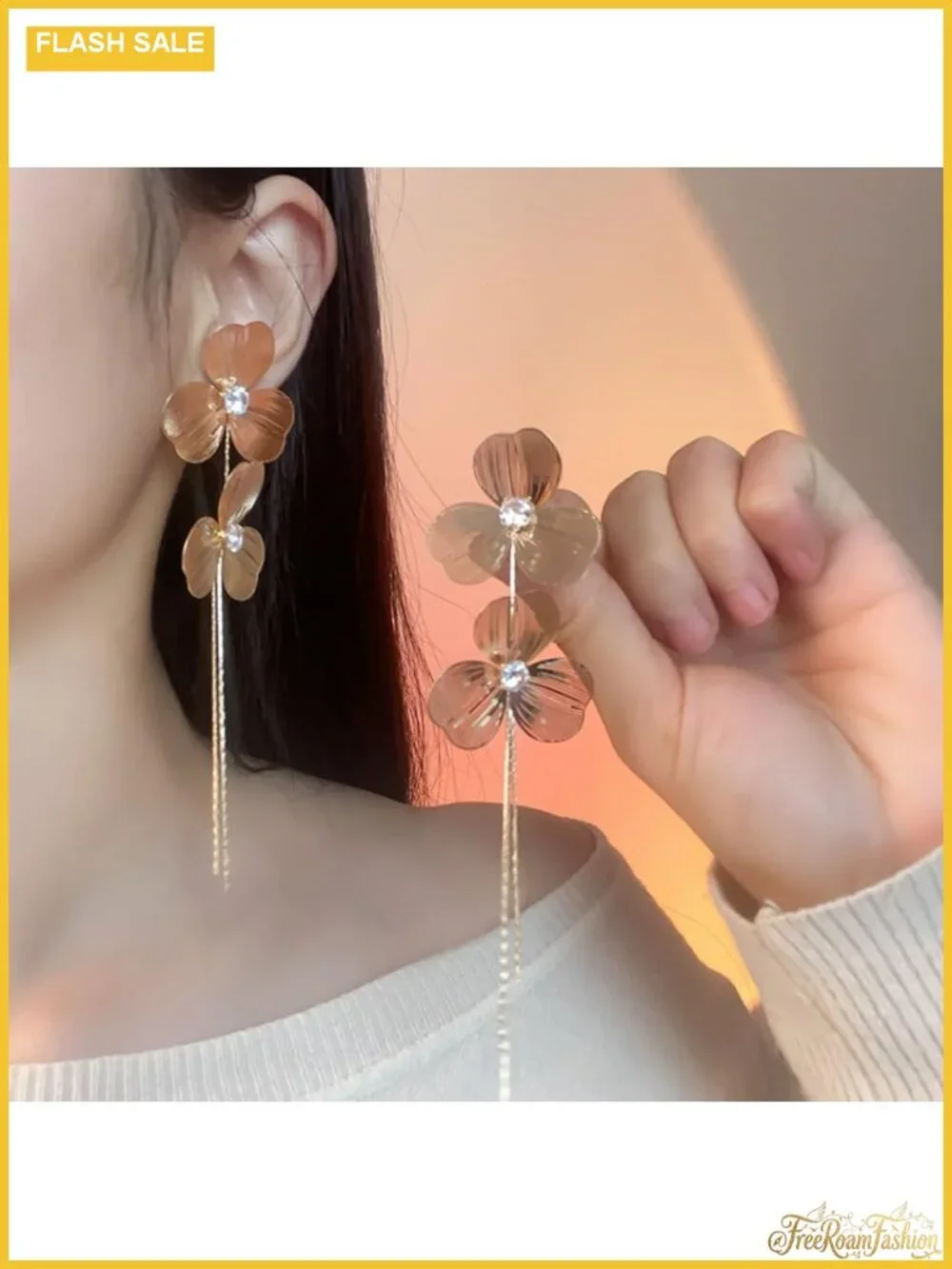 Flower Drop Tassel Earrings Metal Double Flower Long Dangle Statement Prom